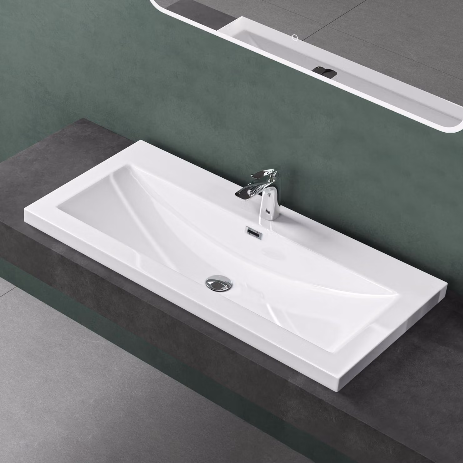 Lavabo da incasso in resina minerale, rettangolare, 100 cm, bianco lucido