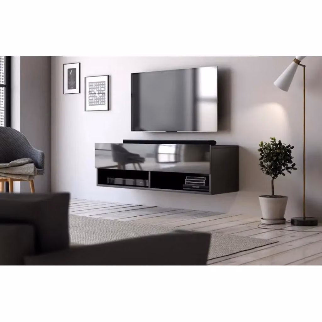Mobile porta TV sospeso moderno Meublorama CLUJ, colore nero lucido, L: 100 cm, P: 32,8 cm, H: 31 cm – 2