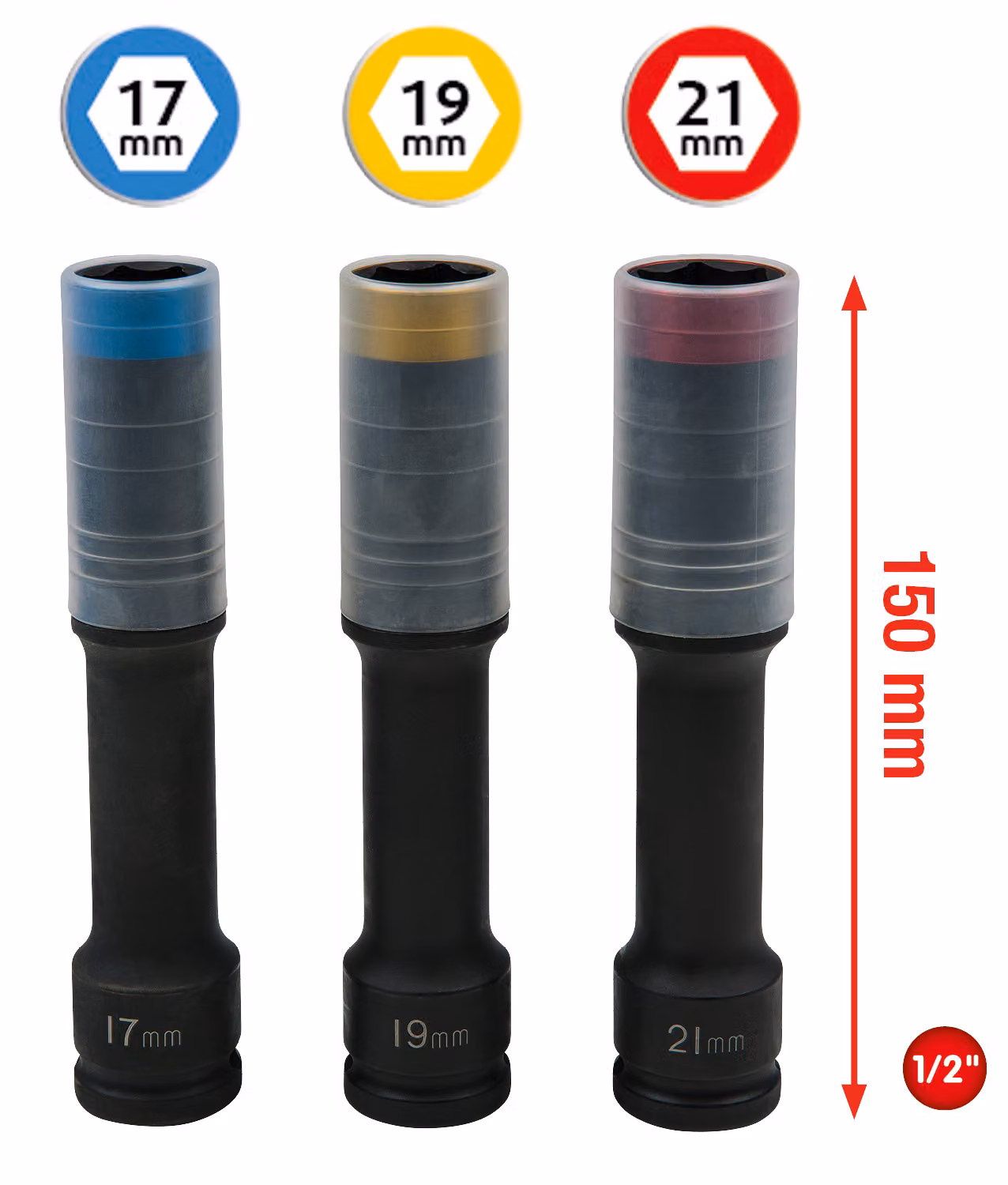 KS TOOLS SlimPOWER set di bussole in alluminio extra lunghe 3 pezzi 1/2" 17 19 21 mm - 515.0622