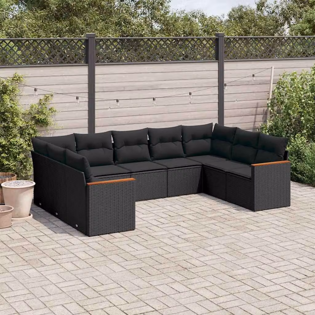 vidaXL Set Divani da Giardino 9 pz in Polyrattan Nero con Cuscini e Struttura in Acciaio – 1