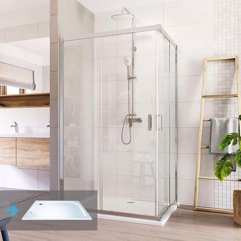 Set doccia Mereo: rettangolo, LIMA, 100x80 cm, cromo ALU, vetro trasparente, piatto in marmo - CK82413KM