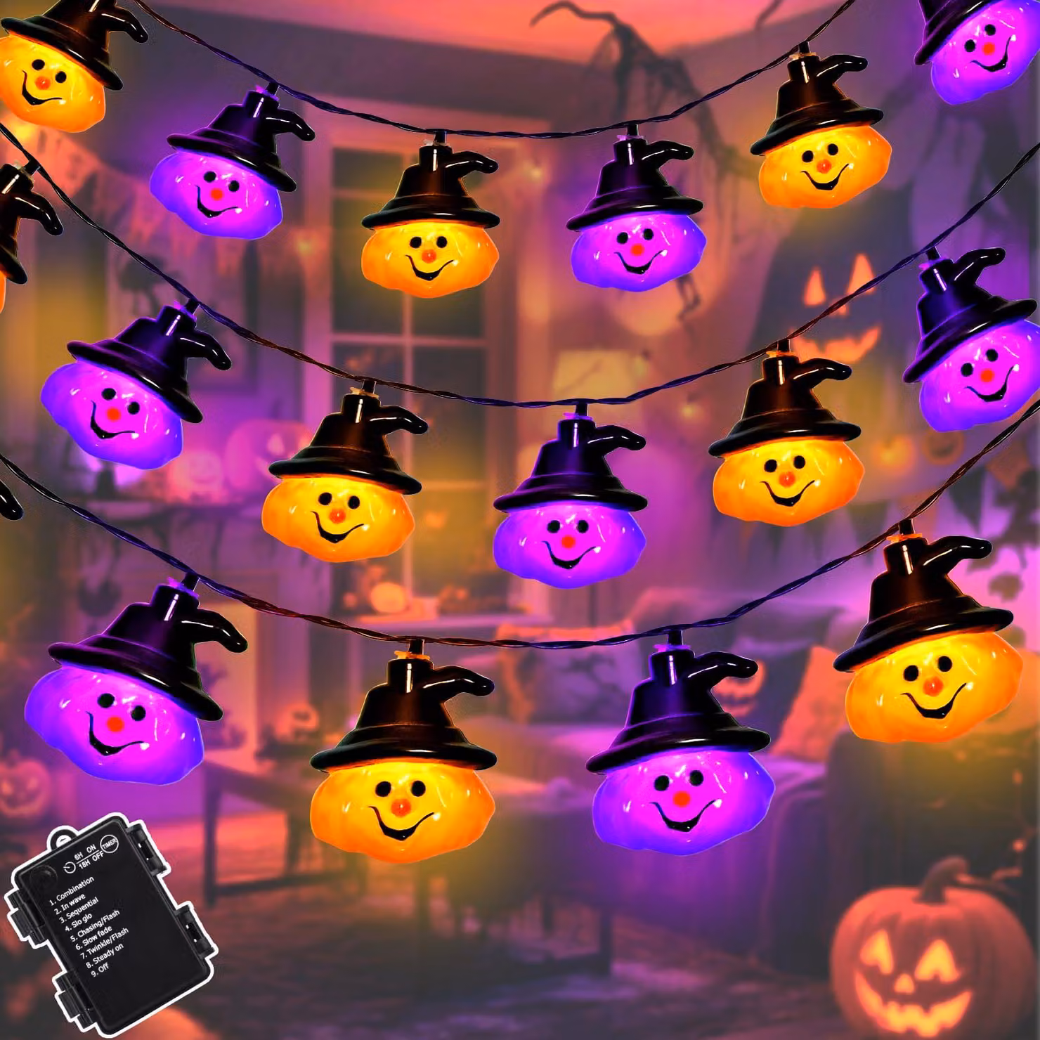 Catena luminosa a tema Halloween, 3 metri, 20 LED, color lilla/arancione, con timer, 8 modalità, grado di protezione IP65