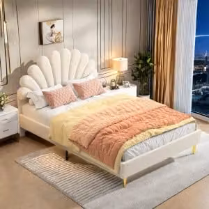 CDGlobal letto imbottito 140x200cm con testata a forma di fiore, letto per bambini con rete a doghe, letto matrimoniale, letto funzionale, letto per ragazzi in velluto, beige