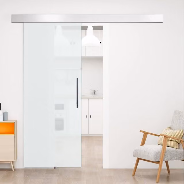Porta scorrevole moderna WISHDOR in vetro trasparente e alluminio con kit completo, H: 205 cm, L: 90 cm