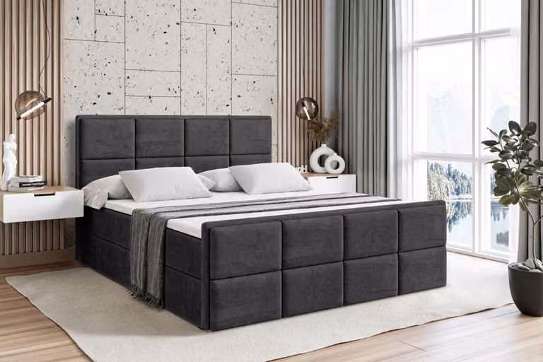 Letto boxspring ALTDECOR con pediera, materasso H4 e topper - 200x200 cm - NOVA-Z - Velluto nero - Letto imbottito con contenitore e rete a doghe, letto con spazio contenitivo
