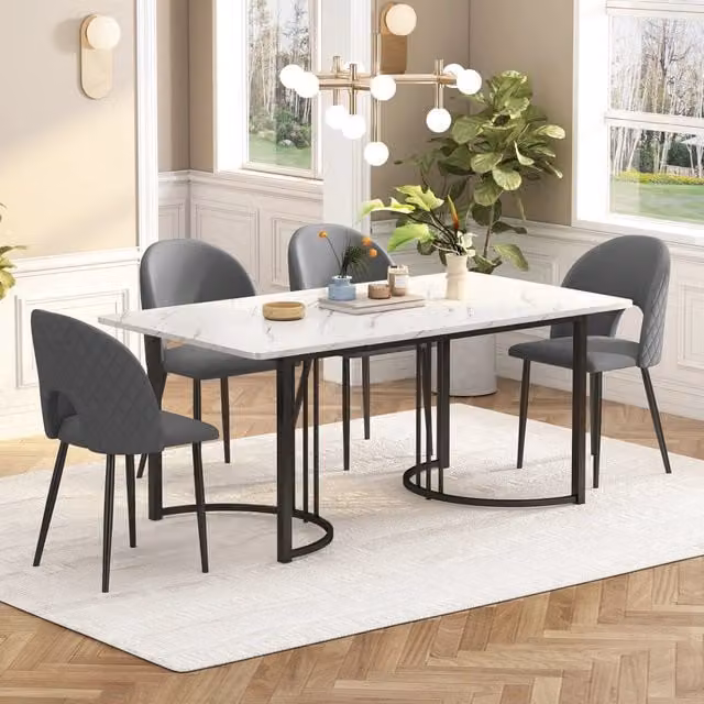 Set Tavolo da Pranzo con 4 Sedie in Velluto ¨C Xylo ¨C Piano MDF Bianco, Gambe Nere, Grigio, 140x80 cm