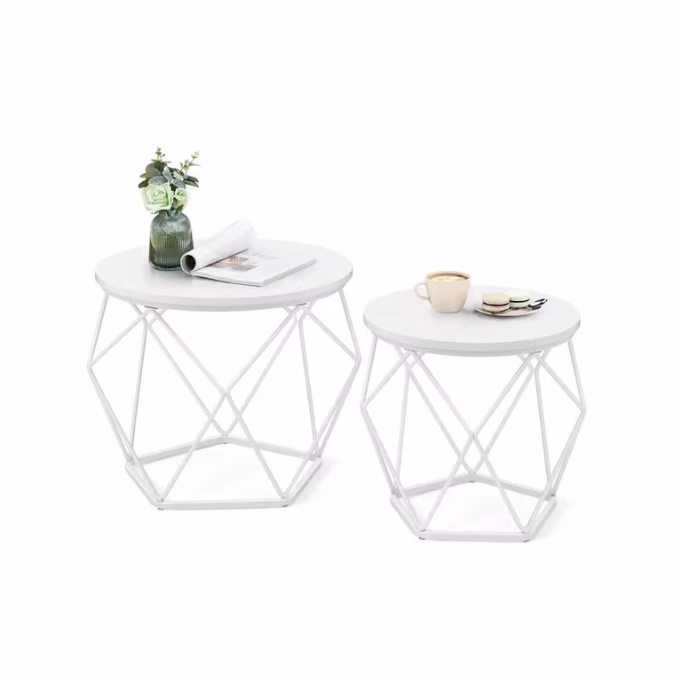 Set di 2 Tavolini da Caffè Rotondi ad Incastro, Bianco Nuvola / Struttura Bianca