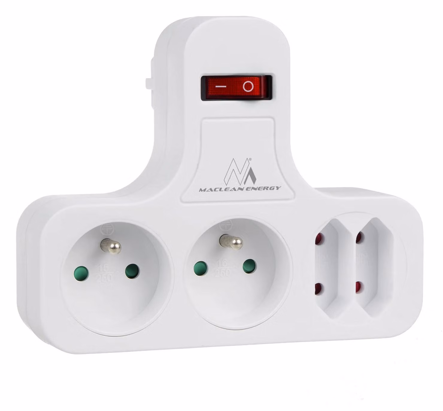 Ciabatta multipresa a 4 prese - Modello MCE224 E - Tipo E - Interruttore di protezione del circuito - Base stabilizzatrice - 2 prese da 2,5 A - 2 prese da 16 A - Colore: bianco