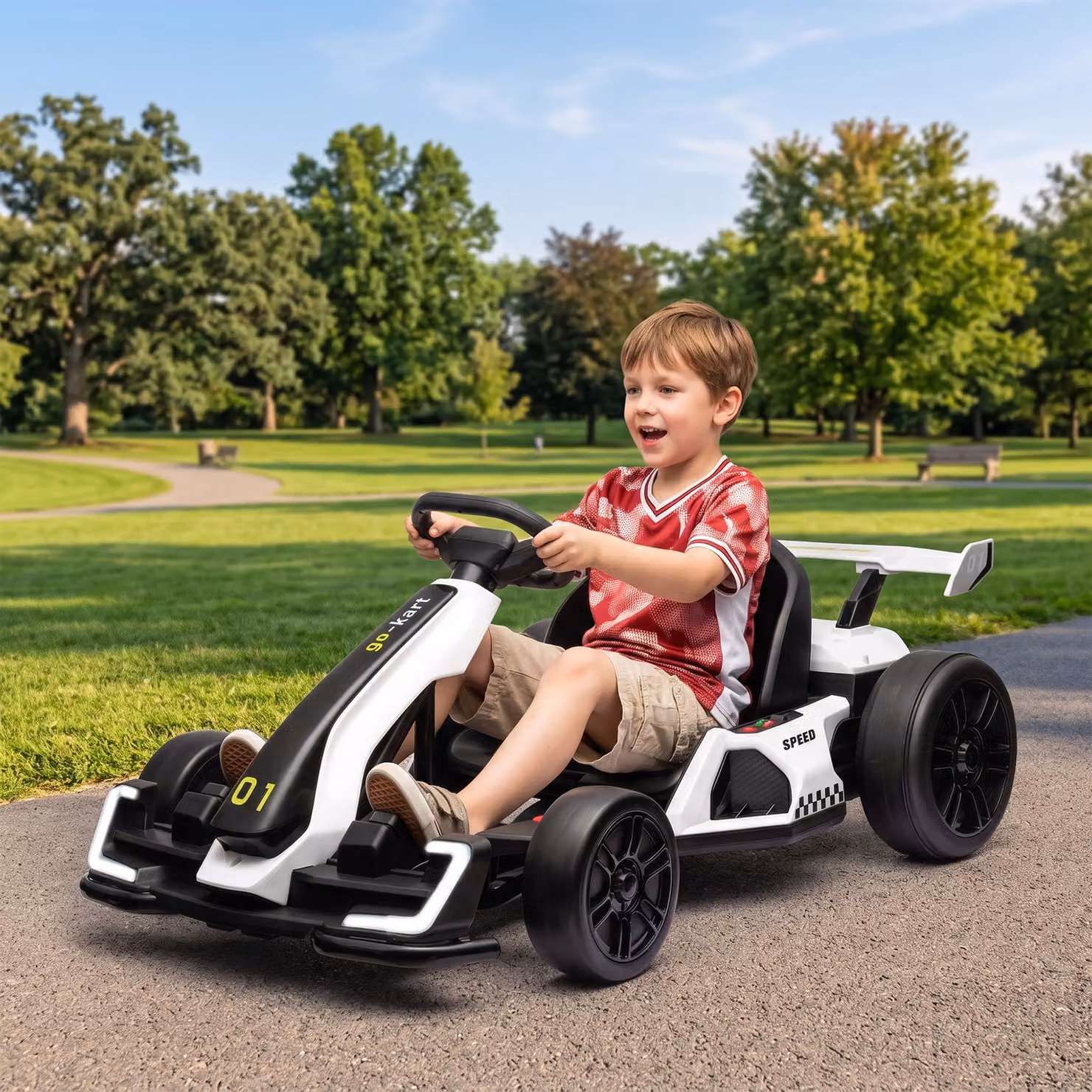 Go Kart Elettrico HOMCOM per Bambini 6-12 Anni 24V con Seggiolino Regolabile su 3 Livelli, Clacson e Musica, Bianco – 2