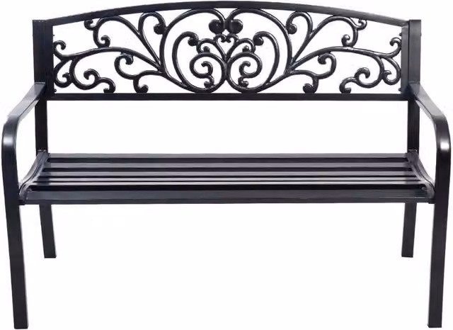 Panca elegante da giardino con schienale per esterno, Panchina in ghisa con braccioli 126x60x85cm Nero-Panchine