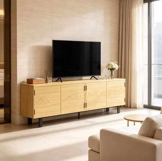 Mobile TV 180 cm per TV fino a 82", con 4 ante push-open, effetto legno naturale