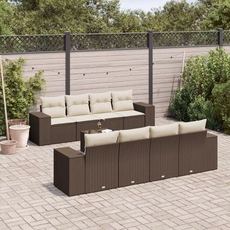 Set di divani da giardino vidaXL in polyrattan marrone con cuscini bianchi e tavolino da esterno