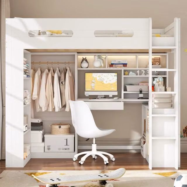 Letto rialzato 90x200 cm con scrivania integrata; armadio aperto; LED e USB; bianco