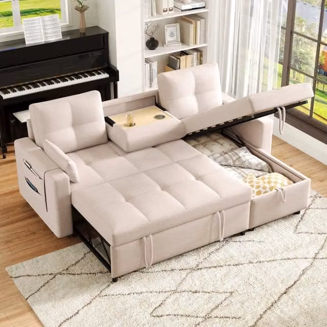 Divano angolare modulare a L convertibile; funzione letto; contenitore integrato; portabicchiere a scomparsa; design moderno; lino; beige