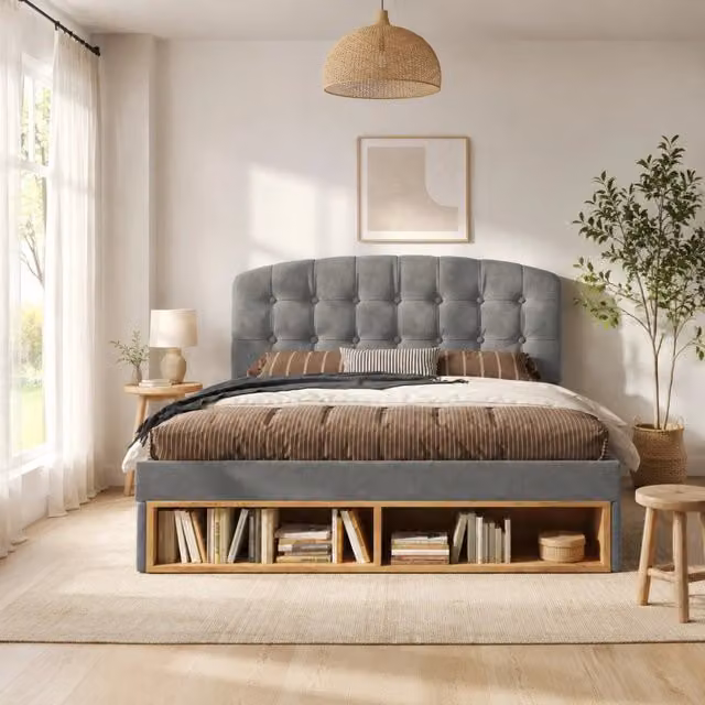 Letto singolo Mivray in velluto grigio con cassetti e rete a doghe inclusa L/P: 90 x 200 cm – 1