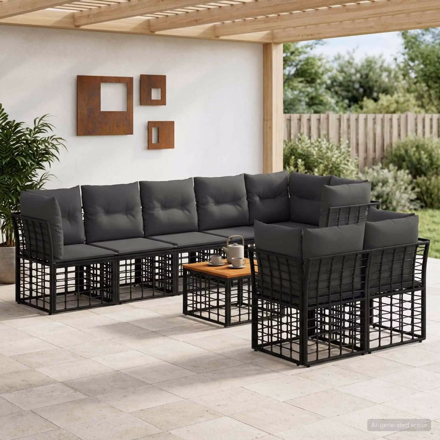 vidaXL Set di divani da esterno a forma di U composto da 9 pezzi con tavolino, colore antracite, nero e grigio