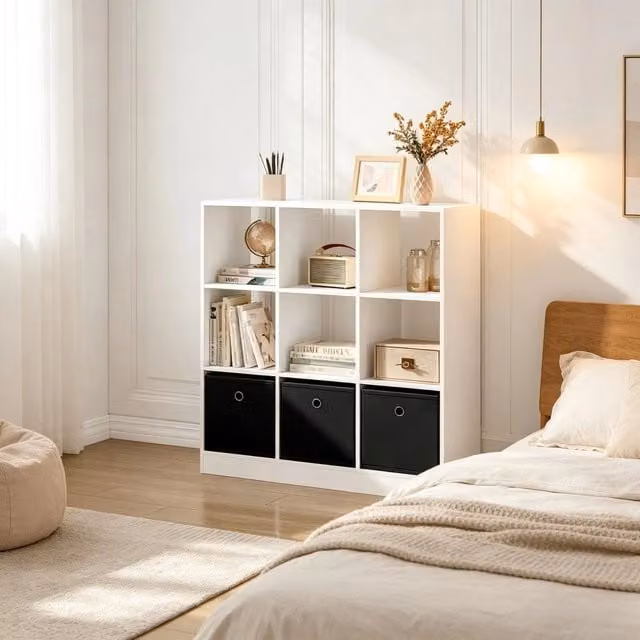 Libreria 80x30x86.5 cm con 3 cassetti in tessuto legno bianco e nero