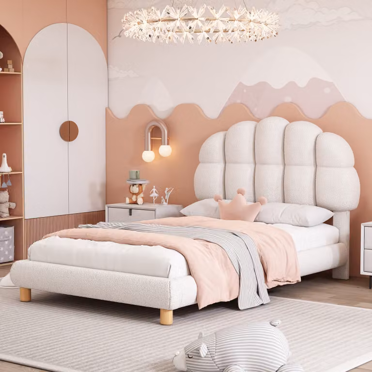 Letto imbottito Merax 90x200cm con testata semicircolare, letto singolo rivestito in velluto letto per bambini con rete a doghe in legno, bianco