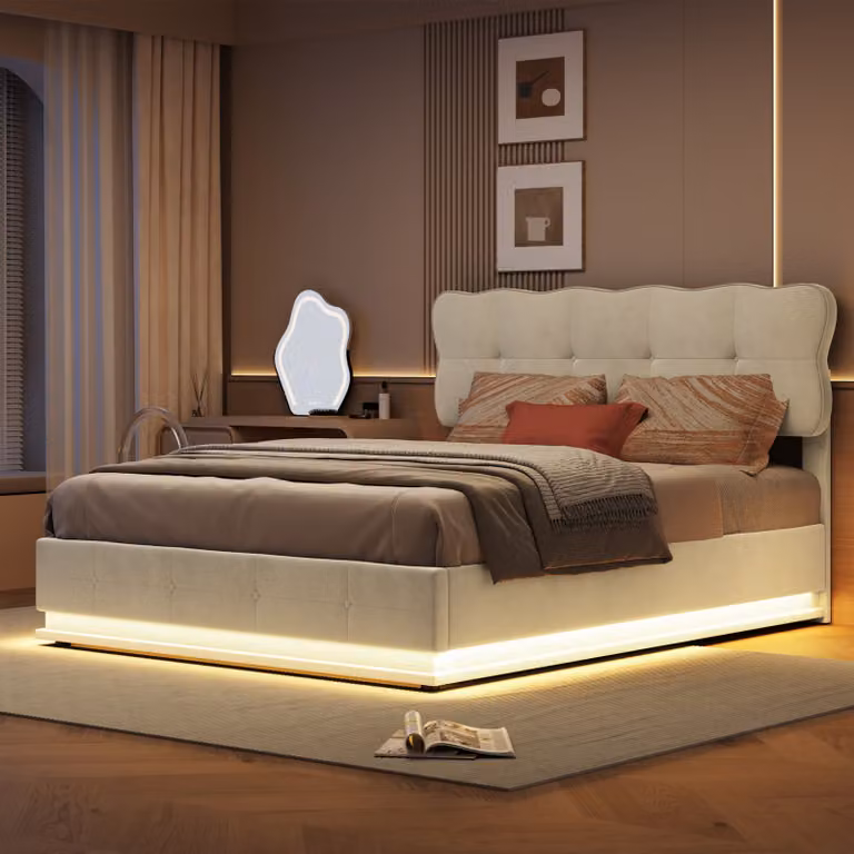 CDGlobal letto imbottito 140x200cm con rete a doghe e contenitore, letto a molle con rete a Led, letto matrimoniale contenitore letto funzionale letto in Pelle finta, beige