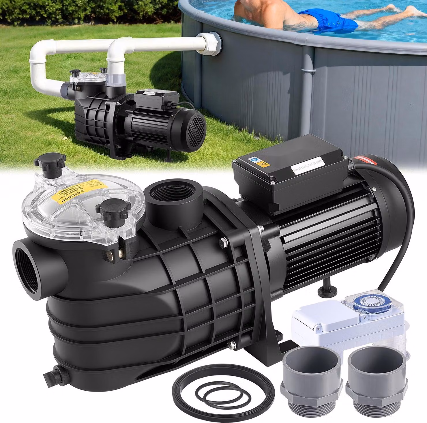 Pompa per piscina - Pompa filtro monostadio - Potenza 3 kW - Portata 35.000 l/h - Prevalenza 19 m - Timer 24 h - Cestello filtrante - Per piscine fuori terra, interrate e spa