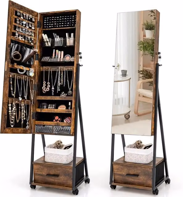 Costway Armadietto Portagioie da Terra con Specchio e Cassetti, Organizer per Gioielli e Cosmetici per Camera da Letto o Soggiorno, L/P/H: 42 x 38 x 157 cm, Marrone