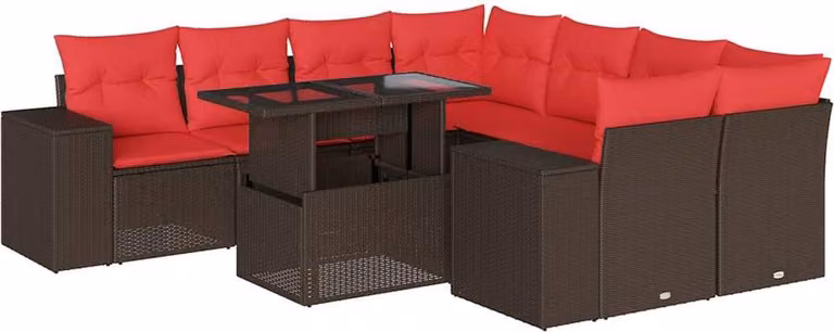 Set Divani da Giardino 9 pz con Cuscini Marrone in Polyrattan