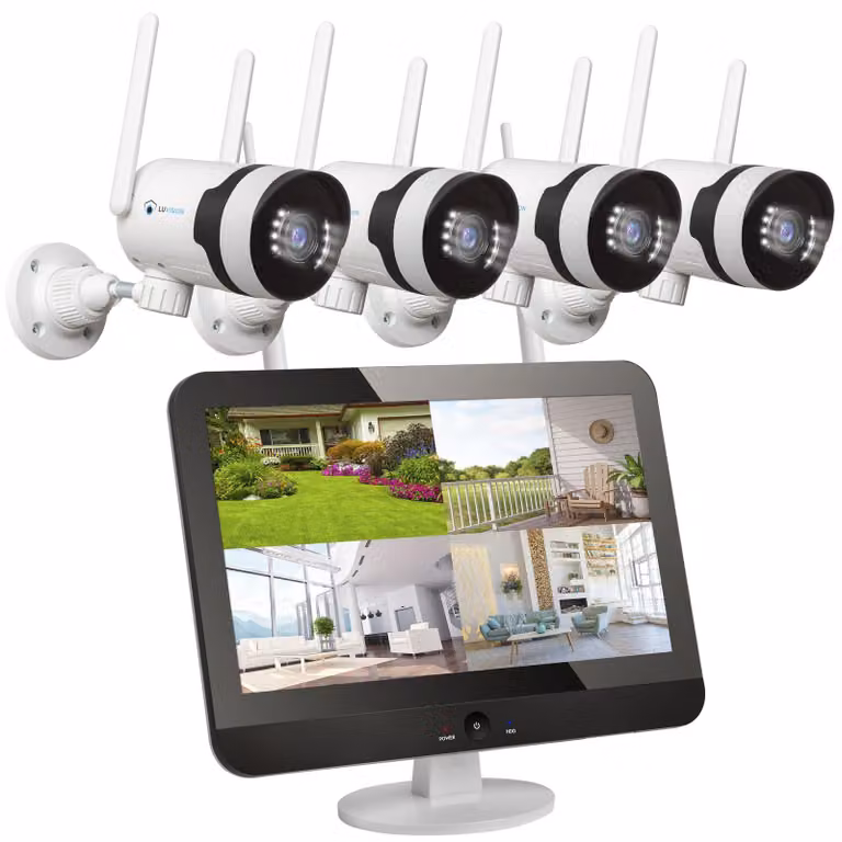 Sistema di videosorveglianza PTZ LUVISION Dual WLAN con monitor da 5 MP, microfono, sirena, visione notturna e tracciamento del movimento tramite IA