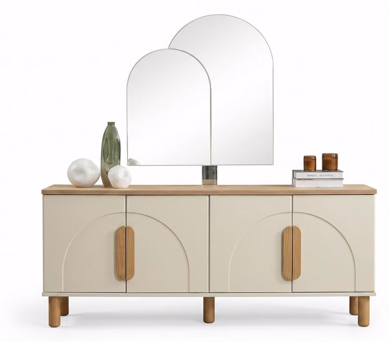 Mobile bar con specchio, color beige, design moderno, consolle elegante e di prestigio