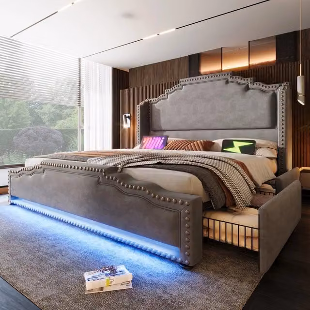 Letto Contenitore Imbottito 180x200 ¨C MINIMAL ¨C Velluto Grigio, 4 Cassetti, LED, Doghe