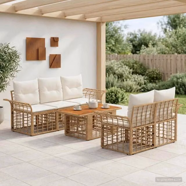 Set Divano da Giardino 6 pz Naturale e Bianco Crema polyrattan 3437948