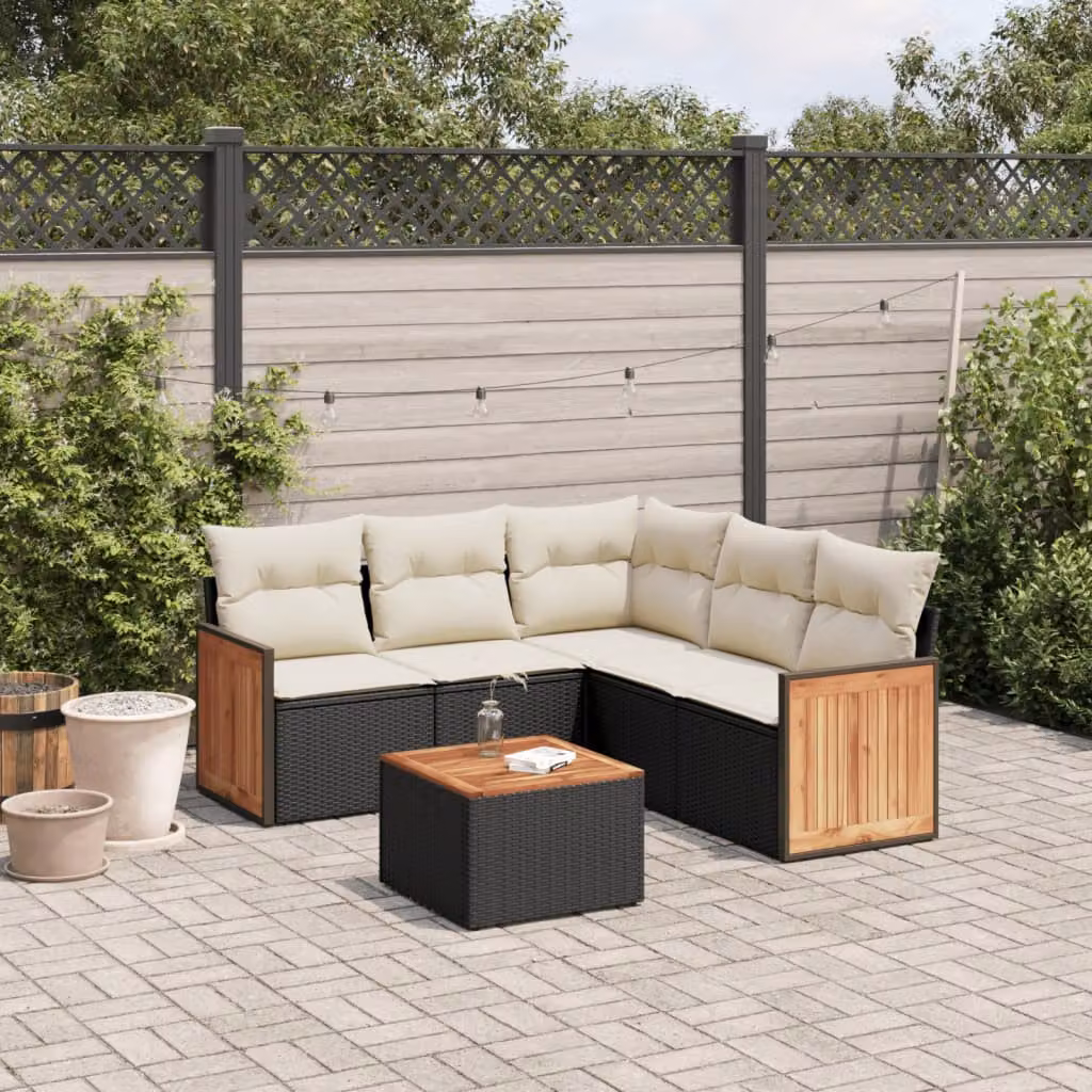 Set Divano da Giardino a L vidaXL in Polyrattan Nero con 6 Cuscini e Tavolino da Caffè – 1