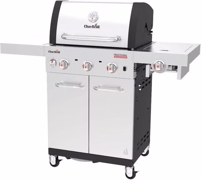 Barbecue a gas Char-Broil Professional Pro S 3 con fornello laterale e rack di riscaldamento in acciaio inossidabile e argento