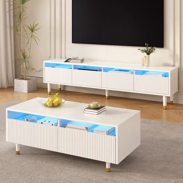 Set Mobile TV REDOM con 4 ante e Tavolino in MDF Bianco e Oro con LED per Soggiorno L: 110-178 cm – 1
