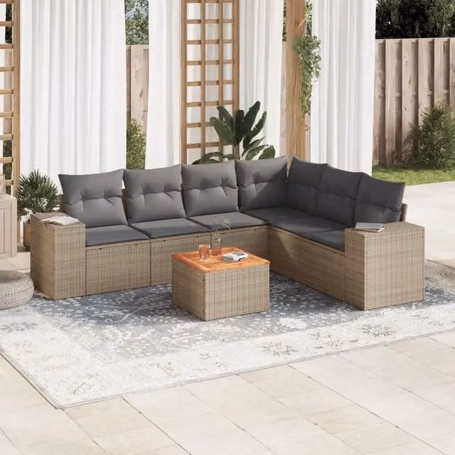 vidaXL Set Divani da Giardino a L 7 pz in Polyrattan con Cuscini Beige e Grigio