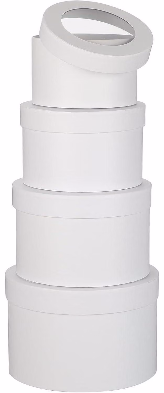 Set di 4 scatole rotonde con coperchio, impilabili, in cartone riciclato, disponibili nelle taglie XS, S, M, L. Colore: bianco