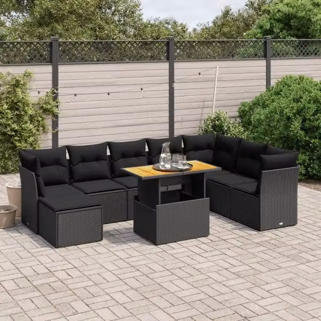 Set Divani da Giardino 9 pz con Cuscini Nero in Polyrattan 3275512