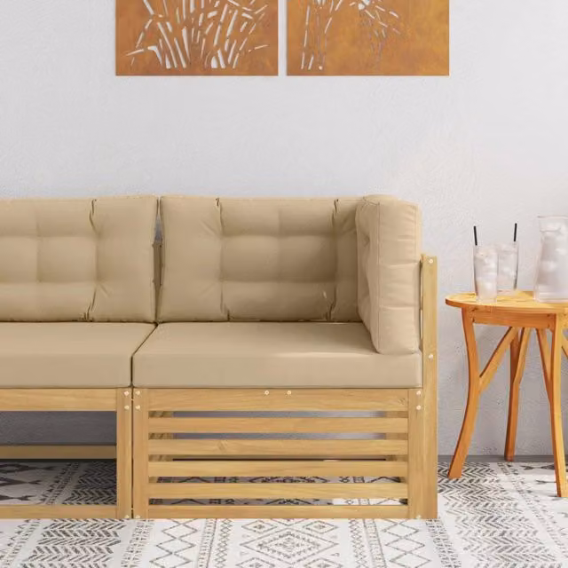 Divano Angolare da Esterno Moderno vidaXL in Legno di Acacia con Cuscini Bianchi e Beige