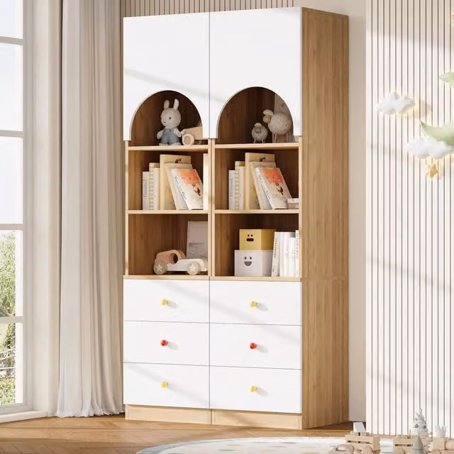 Desviae Libreria a 2 pezzi con anta ad arco tre cassetti e tre ripiani in MDF bianco effetto legno per cameretta