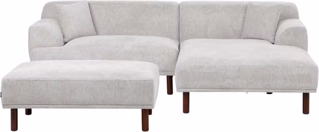 Divano ad angolo sinistro Beliani in tessuto grigio con pouf, funzione letto e cuscini coordinati, stile minimalista