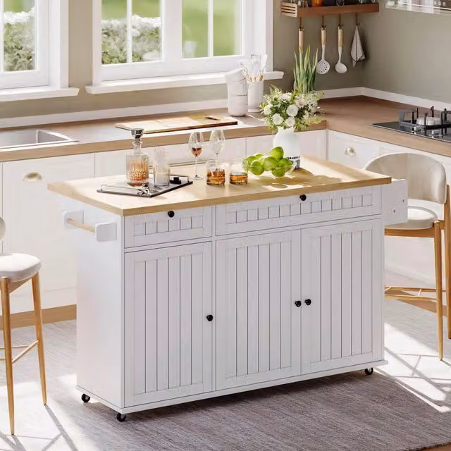 Isola da cucina moderna REDOM con piano ribaltabile in MDF, Bianco/Naturale, L: 137 cm, P: 89,5 cm, H: 45 cm
