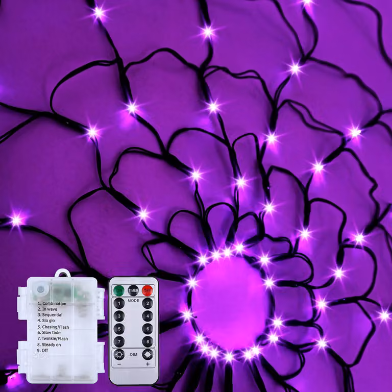 Ghirlanda luminosa a LED a forma di ragnatela per Halloween, diametro 120 cm, alimentata a batterie con telecomando, 8 modalità, intensità regolabile e timer, viola