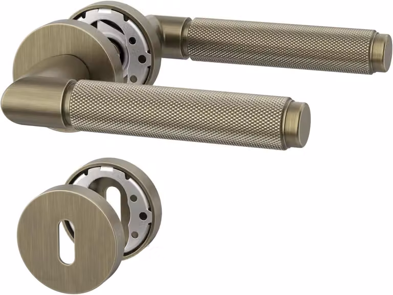Set di maniglie per porte interne, finitura in ottone anticato spazzolato, rosetta da 38 mm