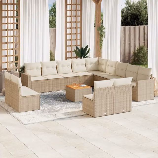 Set di divani da giardino VIDAXL in polyrattan beige con 14 pezzi e cuscini inclusi