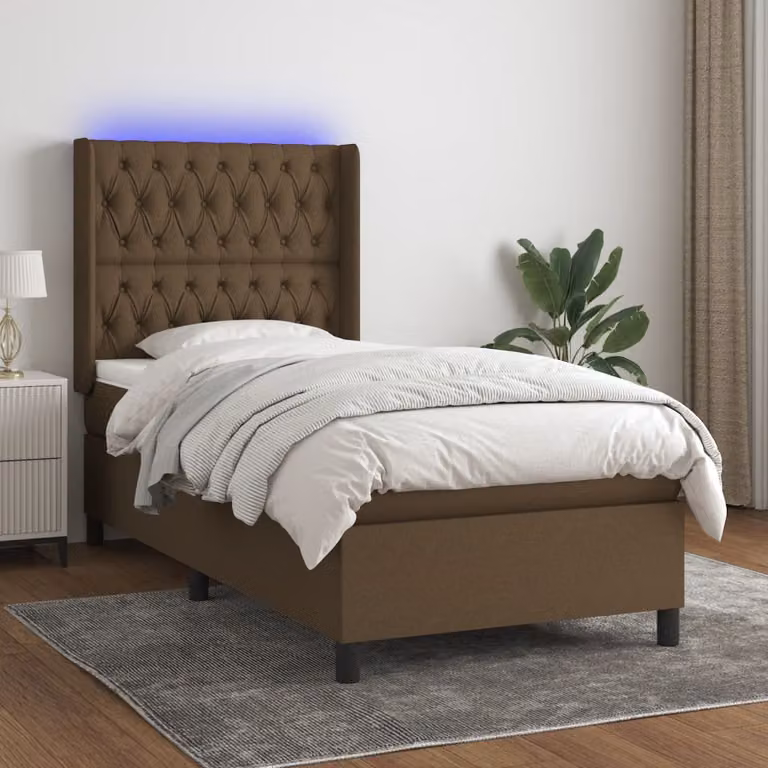 Letto a molle con testiera in tessuto e illuminazione LED con porta USB vidaXL, marrone, 90 x 200 cm