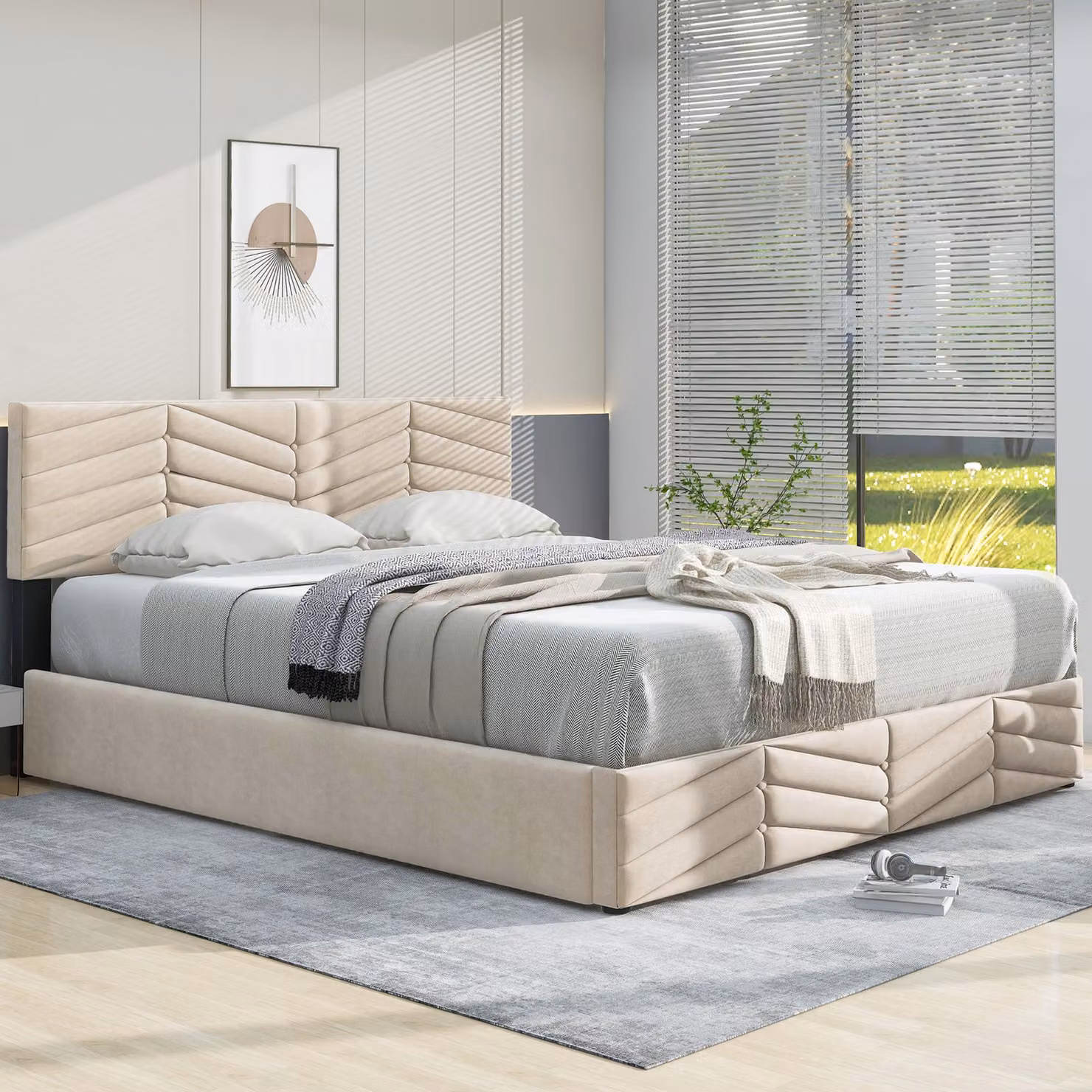 Letto imbottito 140x190 cm - Con rete a listelli e testiera regolabile - In velluto