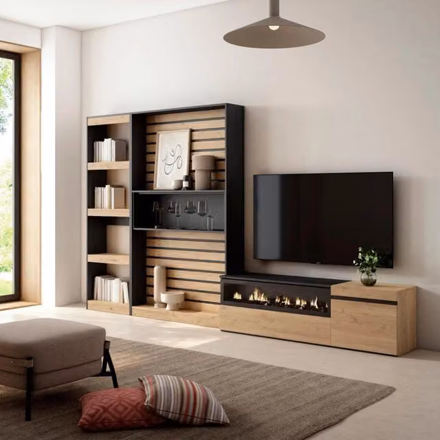 Mobile TV da soggiorno Skraut Home con camino elettrico, colore rovere e nero, L: 320 cm, P: 35 cm, H: 186 cm