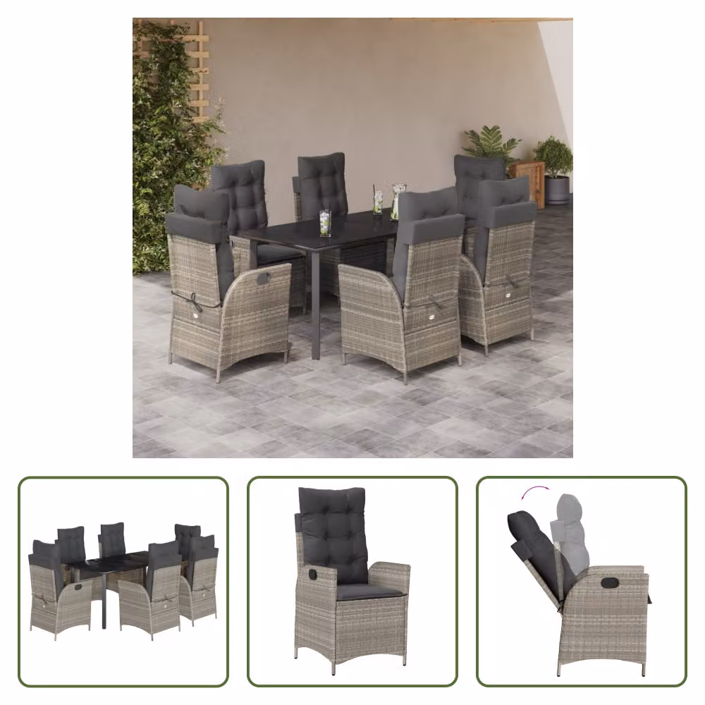The Living Store Set da pranzo da giardino 7 pezzi con cuscini in poly rattan grigio chiaro