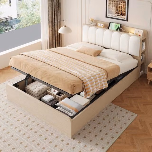 Letto matrimoniale 140 × 200 cm con vano idraulico, USB, luce notturna e mensole, senza materasso, legno naturale