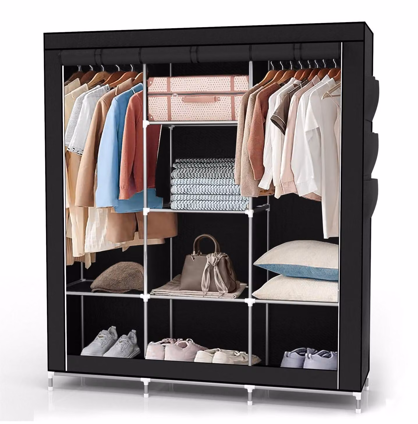 Armadio pieghevole, dimensioni 130x175x45 cm, colore nero, con asta appendiabiti