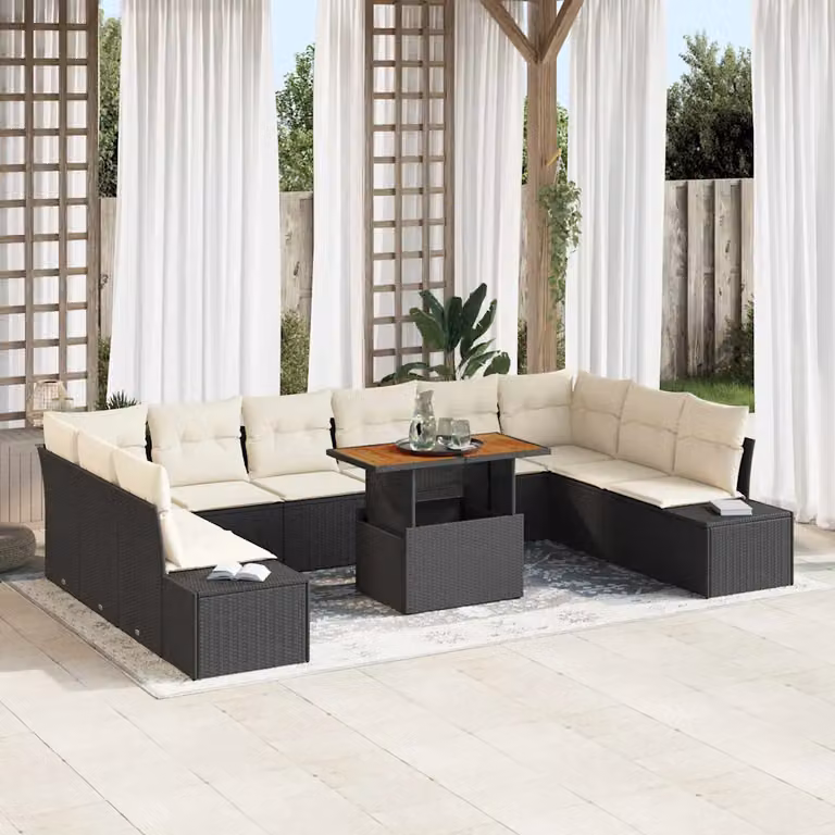 vidaXL Set Divano da Giardino a Forma di U in Polyrattan con 11 Pezzi, Nero e Beige